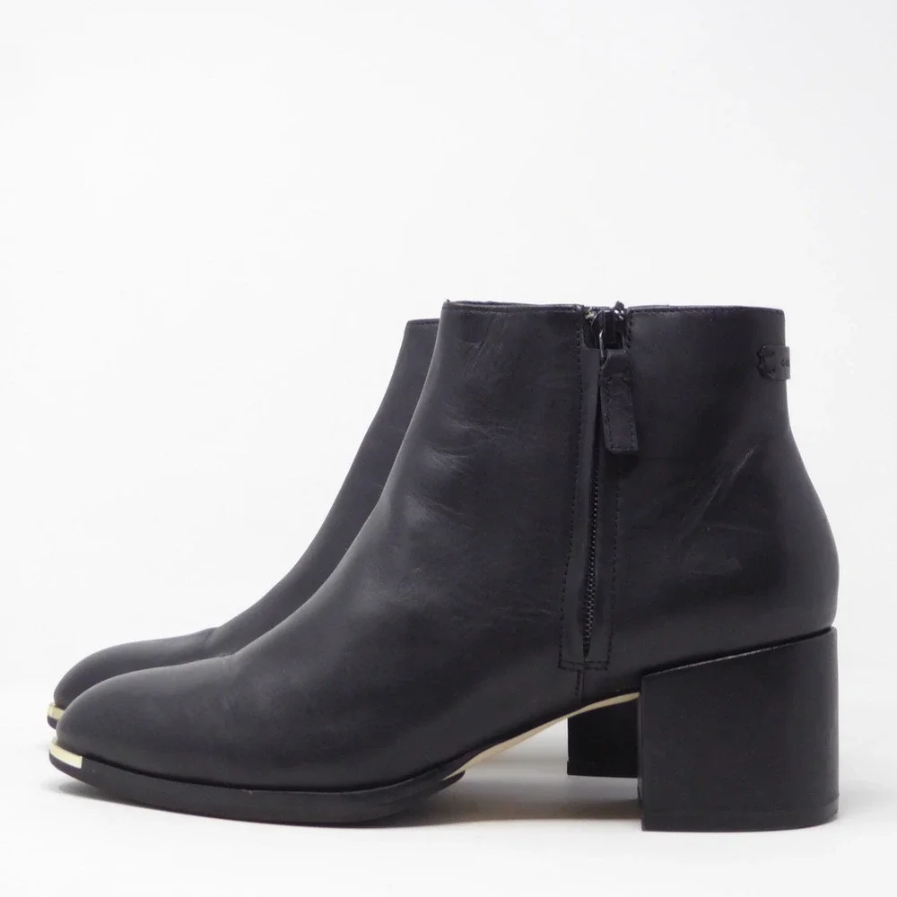 Cole Haan Women Grand Ambition 55 mm Boots Black Leather Block Heel Gold Toe 8.5